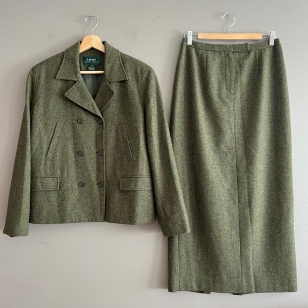 Vtg Lauren Ralph Lauren Tweed Skirt Suit Wool English Countryside Green Size 10